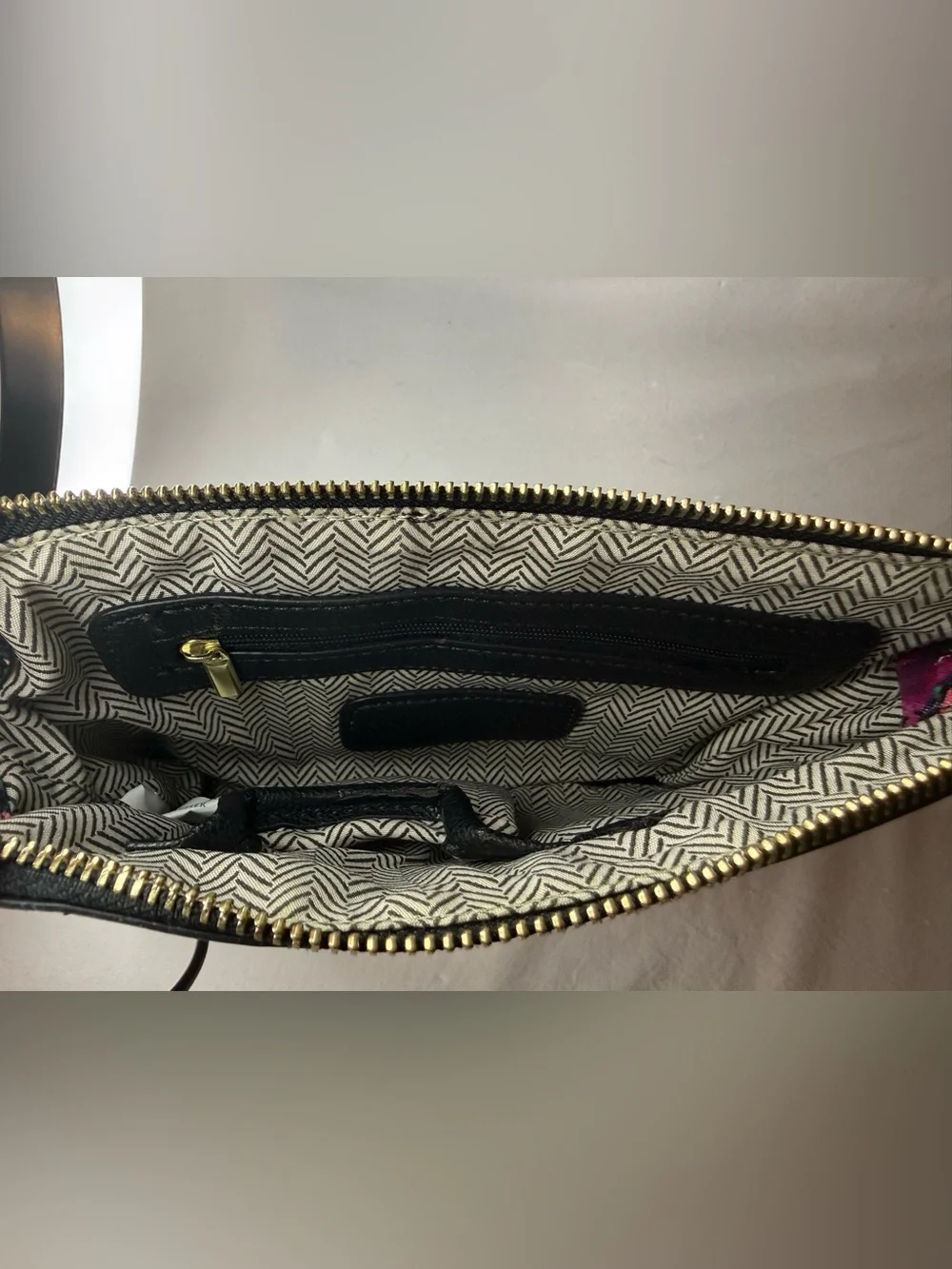 Steve Madden Black Floral Zip Wristlet with Pink and Green Accents
